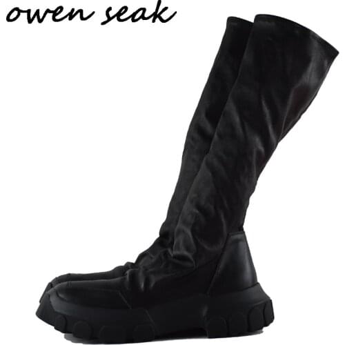 Owen Seak Men Shoes Knee High Boots Sheepskin Leather Luxury Trainers Winter Boots Casual Flats Shoes Black Big Sneakers