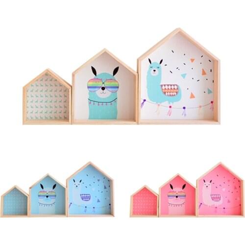 Nordic Natural Wooden House Wall Rack Childrens Room Decorations Cartoon Animal Floating Shelves Kids Bedroom Home Decor