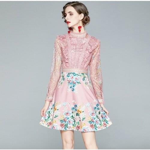 2020 New Arrive Fashion Autumn Runway Women Lace Printing Patchwork Ruffles Stand Collar Party Vintage Office Dress Vestidos