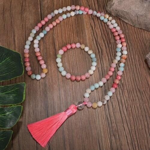 Natural 8mm Rhodochrosite and Amazonite Beads Necklace Peaceful Heart 108 Bead Mala Jewelry, Buddha Prayer Bracelet Women