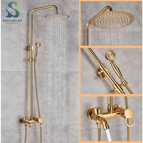 Saflihcar Luxury Golden Bathroom Faucet 8‘ ’Round Rainfall Brass Shower Head Polished Exposed Faucet Hot Cold Water Mixer Tapss
