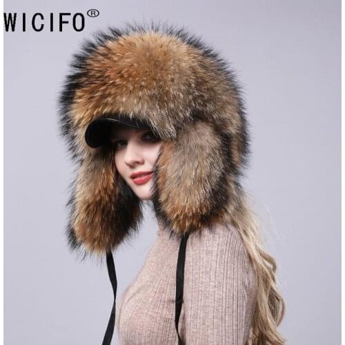 Russian women Lamb leather bomber Faux Raccoon Fur hat winter hats with earmuffs trapper earflap Ski Outdoor cap women hat
