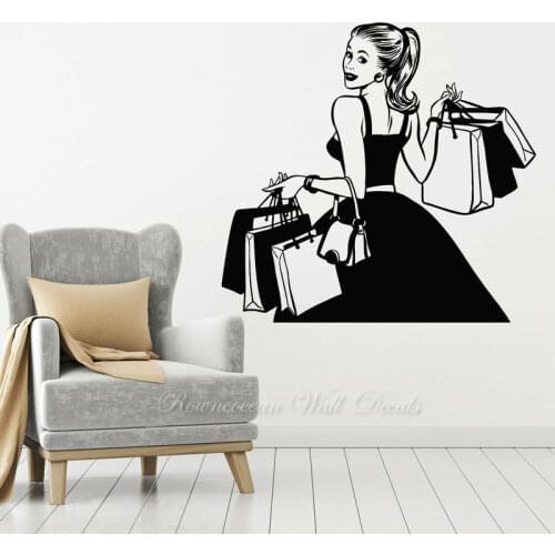 Shopping Girl Fashion Shopaholic Dress Store Wall Stickers Vinyl Interior Decor Clothing Store Shop Window Decals Wallpaper 4803