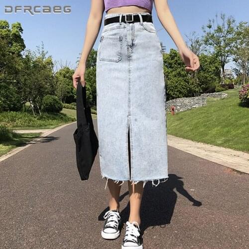 High Waist Denim Pencil Skirt Long For Women 2021 Summer Slim Sexy Split Jeans Skirts Female Light Blue