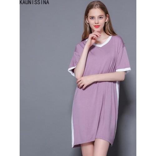 Women Lounge Wear Nightgown Home Sleepwear V-Neck Short Sleeve Patchwork Loose Sleepshirts Night Dress Modal Summer Night Dress