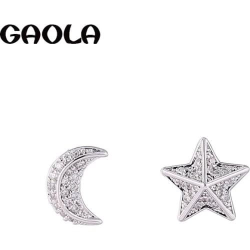 GAOLA New Women Jewelry Fashion Lovely Tiny Asymmetric Moon Star CZ Stud Earrings For Lady Girls GLE4954