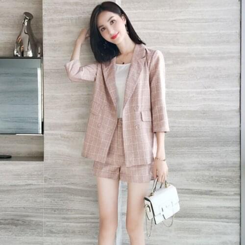 2021 New Design Temperament Slim Plaid Jacket Coat Two Piece Set Double Breasted Blazer+Shorts Women Casual Suit 5XL Plus Size