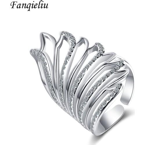 Fanqieliu Retro Wings Crystal Rings Cuff Adjustable 925 Sterling Silver Ring For Women FQL20354