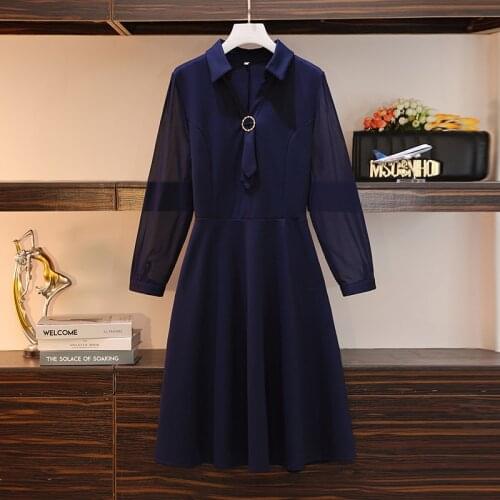 Plus size office ladies midi dresses autumn long sleeve double breasted elegant chiffon bow split long sleeve Spring dress 2021