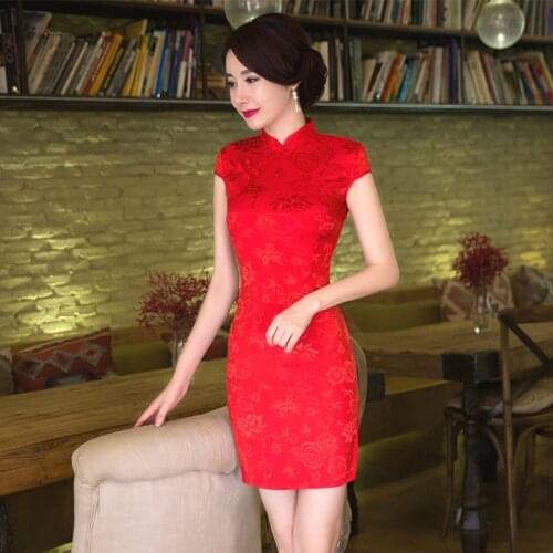 SHENG COCO Womens Red Chinese Traditional Dresses Thin Short Jacquard Cotton Cheongsam Chinese Style Ma'am Marry Qipao Chinese