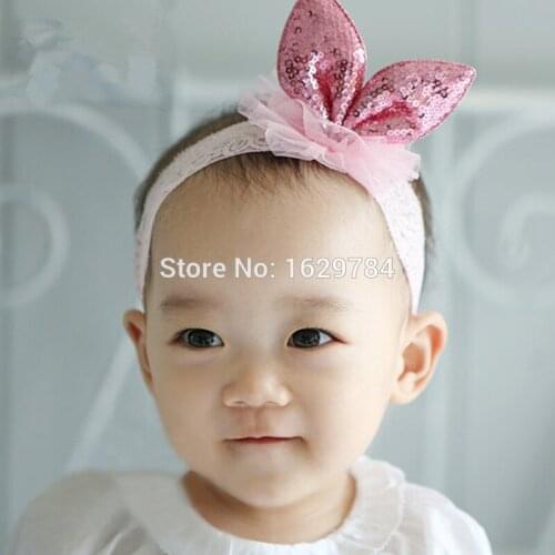 10pcs/4C Fashion Solid Cute Messy Sequin Rabbit Ears Soft Hairbands Kawaii Hair Bow with Lace Headbands Headwear Accessories