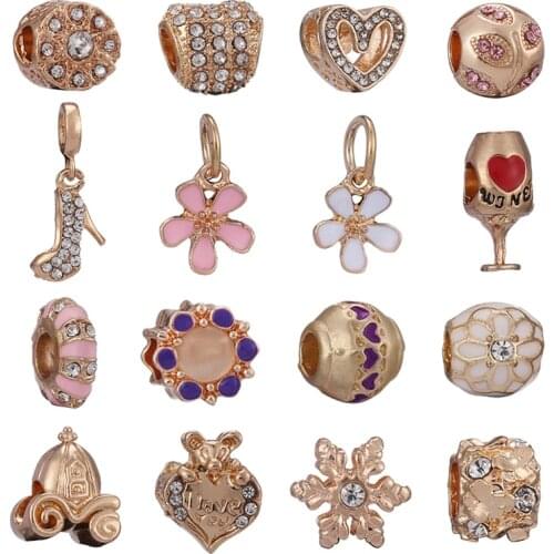 2Pcs/Lot New Arrival Gold Color Flowers & Leaves Charm Beads Fits Brand Charm Bracelet DIY Fashion Jewelry Gift For Women