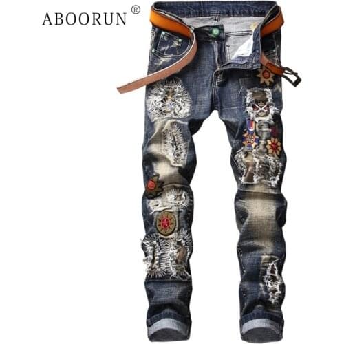ABOORUN Punk Mens Fashion Jeans Flower Embroidery Patchwork Jeans Mens Brand Ripped Denim Pants x1401