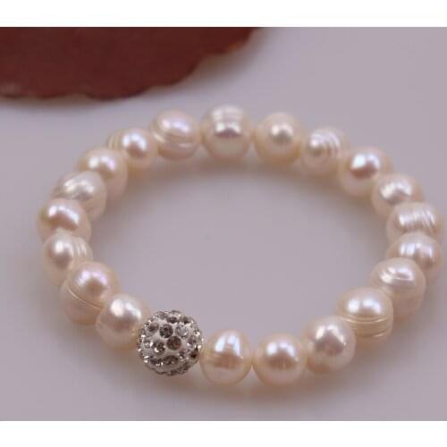 Ambrum Valentines Day Freshwater Pearl Bracelet Women Stretch Beaded Bracelet Adjustable Crystal Ball Charm Bracelet Dropship