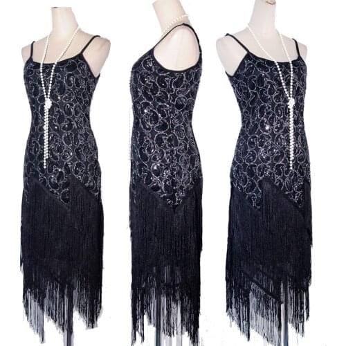 Black Womens 1920s Sequin Paisley Pattern Sleeveless Flapper Black Dress Sexy Fringe Great Gatsby Party Dress Plus Size