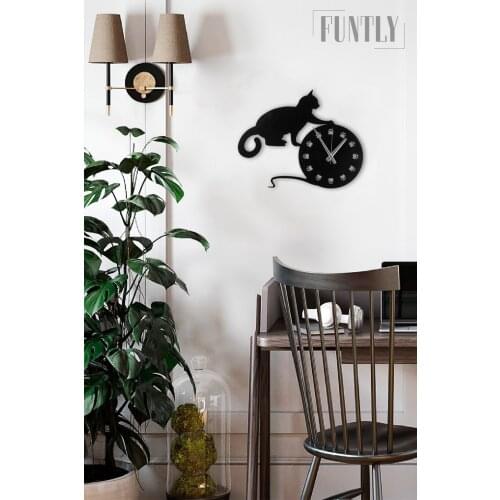 Wooden mechanical black wall clock modern stylish design cat figure