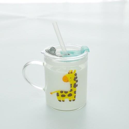 250ML Children Cartoon Cute Animal Pattern Glass Learn To Drink Cup with Straw Lid Heat Resistant Coffee Milk Drink Mug Safety