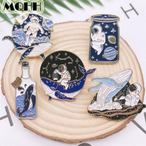 Cartoon Personality Astronaut Space Planet Sea Life Whale Wishing Bottle Enamel Brooch Alloy Badge Pin Woman Jewelry Gift