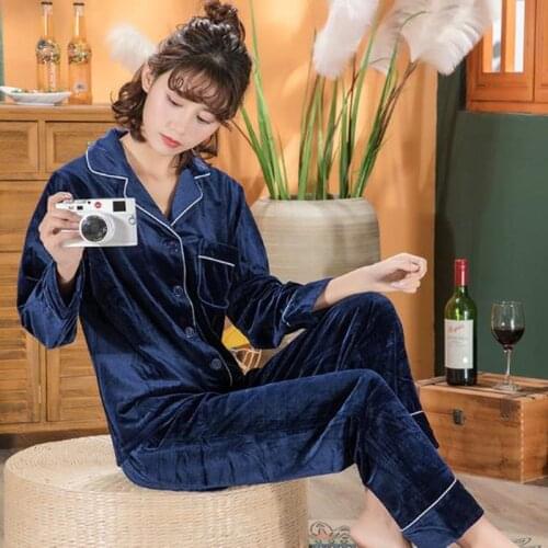 Fdfklak Fashion Pajamas Women Gold Velvet Warm Sleepwear Winter Nightwear Pijamas Suit Thick Ladies Pyjamas Set Home Clothing