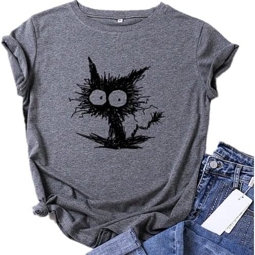 MK 100% Cotton Short Sleeves Round Cat Hit By Lightning Graphic T-Shirt Women Streetwear Harajuku Tee Shirt S-XXL Loose Tshirts