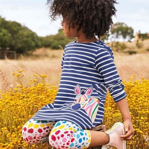 Animals Print Stripes Girls Long Sleeve Children Autumn Clothing for Kids Cotton Toddlers Dresses Baby Girl Clothes