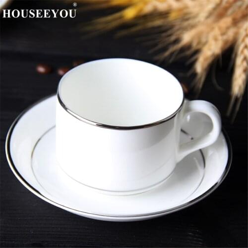 HOUSEEYOU White Ceramic Coffee Cup Saucer Set Pigmented Porcelain Afternoon Tea Cup Teacup Set with Stainless Steel 304 Spoon