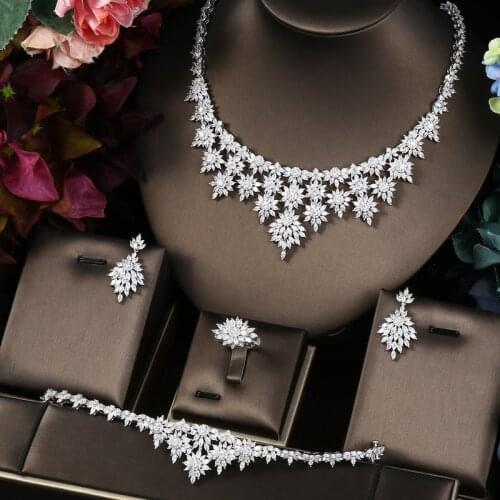 Janekelly 4pcs Bridal Zirconia Full Jewelry Sets For Women Party, Luxury Dubai Nigeria CZ Crystal Wedding Jewelry Sets