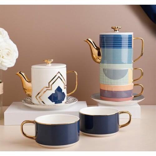 Ceramic Tea Set Nordic Gold 1pot 2cup Coffee Set Flower Tea Pot Cup Water Ware Home Bar Decoration Creative Drinkware Teaware