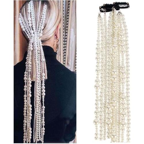 Fashion trend pearl long tassel wig chain hip hop pearl hair chain Bridal Wedding hairpin ladies party accessories