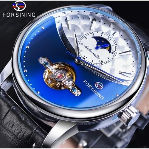 Forsining Royal Tourbillon Blue Automatic Men Watch Mechanical Moon Phase Genuine Leather Male Watches Otomatik Erkek Saat Clock