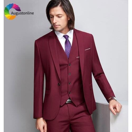 Burgundy Men Suits Wedding Slim Fit Groom Tuxedos Custom Made Best Man Blazers Suit 3 Pieces Jacket Pants Vest Party Ternos