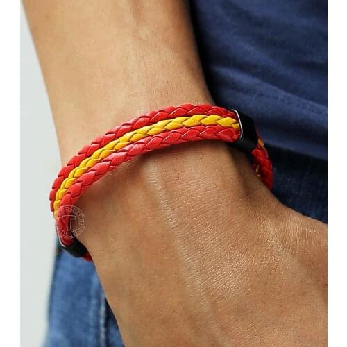 Mens Womens Man-made Leather Bracelet Red Yellow Red Spain Flag 3 Strand Rope Braided Surfer Bracelet Black Buckle LLB664