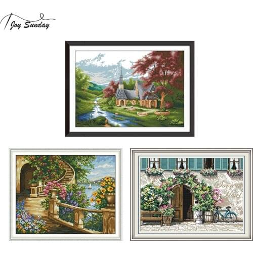 Joy Sunday Landscape Painting Cross Stitch Fabric Printed Canvas Aida DMC Embroidery Kit DIY Needlework Kit Cross Stitch Needles