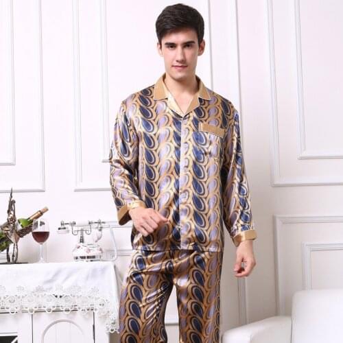 Mens Silk Pajamas Long Sleeve Silk Sleepwear Male Summer Leisure Homewear Cardigan Imitation Silk Suit Plus Size 2pcs D-2167