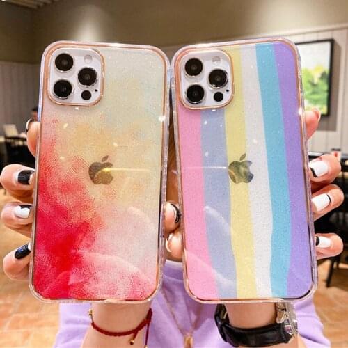 Rainbow Stripes Transparent Phone Case For iPhone 12Pro 11Pro Max XR XS Max X 7 8 Plus SE 2 Soft Bumper Shockproof Glitter Cover
