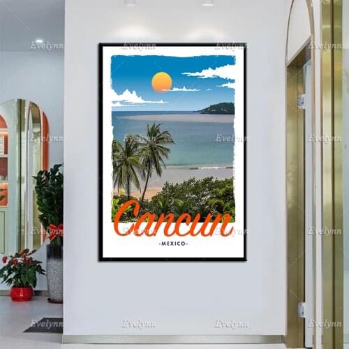 Retro Vintage Style Travel Poster Cancun Mexico Oil Painting Posters and Prints on Canvas Wall Art Modular Pictures Home Decor
