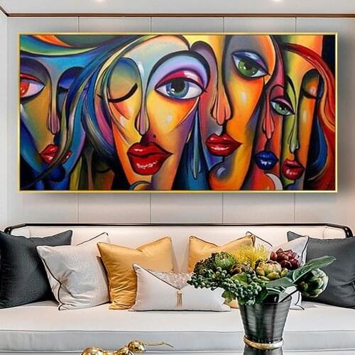 Hand Painted Canvas Modernism Abstract Woman Face Pop Art Painting For Living Room Bedroom Decor Paintings Abstract Canvas Art