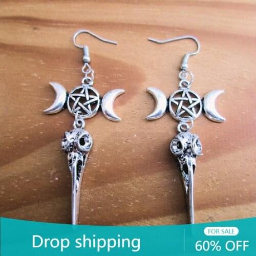 Silver Colour Goth Triple Moon Bird Crow Skull Earrings Magic Witch Pagan Gothic Wicca Fashion Jewelry Punk Women Gift New Trend