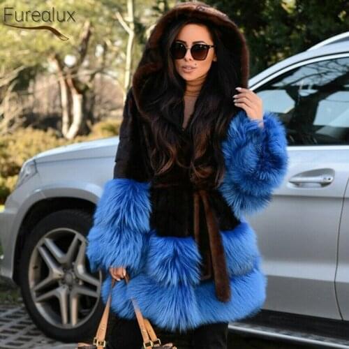 FUREALUX Natural Mink Fur Coat Winter Luxury Real Mink Fox Fur Outerwear For Women Wholesale Retail High-end Vintage Clothes