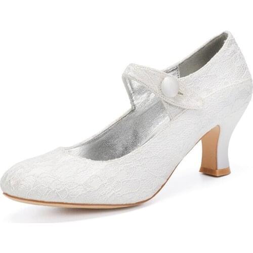 Mid Heels Lace Wedding Shoes for Bride Round Toe Ankle Strap Heeled Lace Wedding Bridal Party Dress Pumps