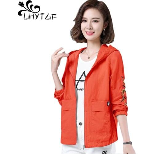 UHYTGF 4XLPlus Size Sunscreen Clothing Thin Jacket Women Fashion Embroidered Hooded Summer Coat Female Breathable Short Tops1410