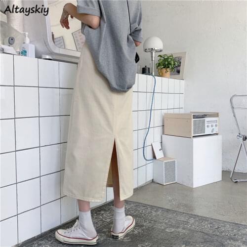 Skirts Women Summer Solid Back-slit Soft Trendy Simple All-match Students Leisure Daily Streetwear Denim Ulzzang High Waist Chic