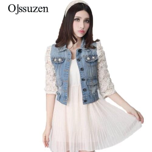 Spring Half Sleeve Denim Lace Patchwork Jackets Women Sweet Slim Short Rivet Frayed Jacket Jeans Coat Female Casacos Feminino