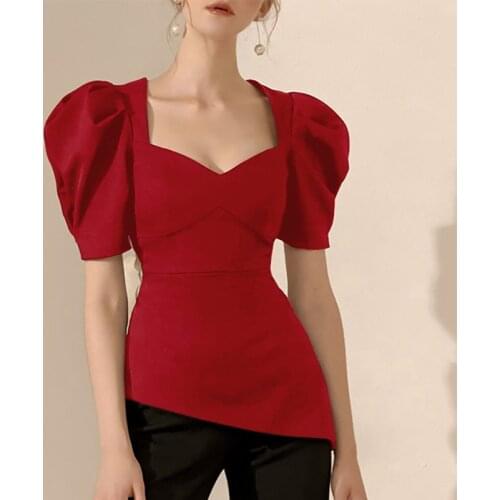 2021 new summer T-shirt top red design female niche French puff sleeve short sleeve cover belly t shirt women clothes