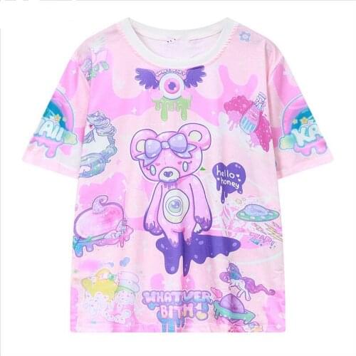Women Bear Printed T-Shirt Harajuku Style Short Sleeve Summer T Shirts Casual Character O-Neck Tops Unisex Streetwear Blusas