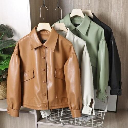 Beige Soft Faux Leather Coat Women Loose Big pocket Fashion Drawstring Short Outwear Casual Biker Jacket Female 2021 Spring