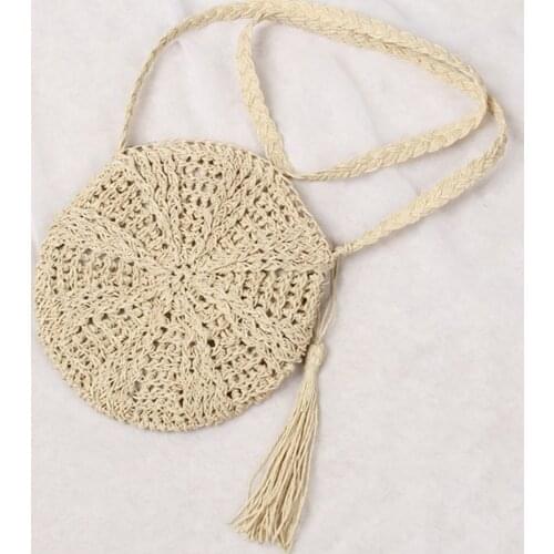 Women Girls Woven Straw Shoulder Bag Handmade Straw Summer Beach Tote Round Handbag Purse Home Decor Photo Props