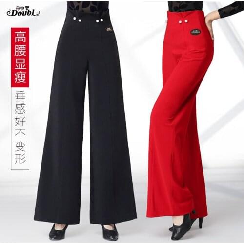 DOUBL Womens New Latin Pants Lady Autumn And Winter National Standard Dance Wide Leg High Waist Straight Black Fashion Waltz