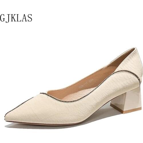 Medium Heels Ladies Party Shoe New Fashion Shallow Crystal Shoes Women Block Heels Black Nude Heels Women Pump Escarpins Femme