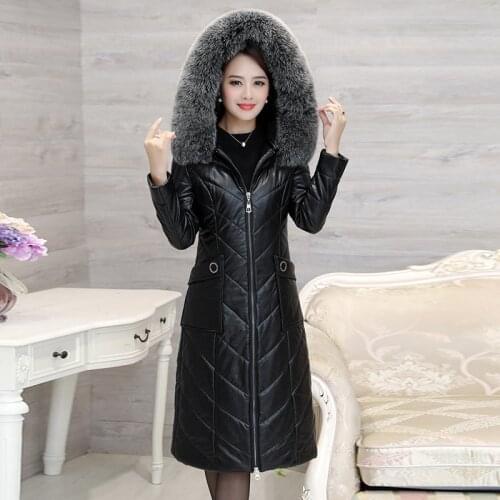 2021 Real Fox Fur Collar Women Long Leather Down Jacket Plus Size Slim Leather Overcoat Hooded Women Winter Coat Ladies Parka